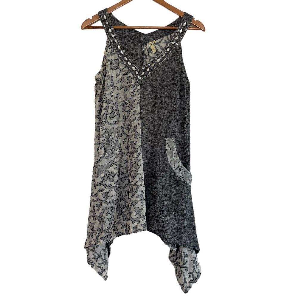 Marilu Lagenlook Gauze Cotton Tunic Dress Asymmetric Artsy Black Neutrals Small